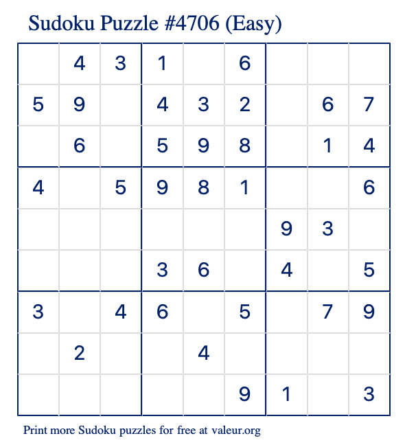Free Printable Easy Sudoku Puzzle number 4706