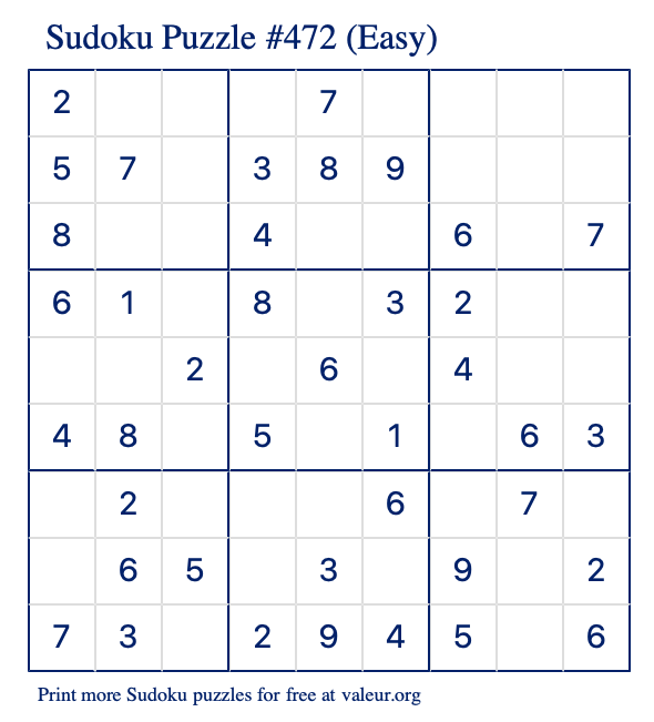 Free Printable Easy Sudoku Puzzle number 472