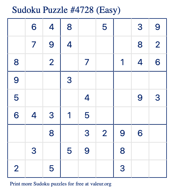 Free Printable Easy Sudoku Puzzle number 4728