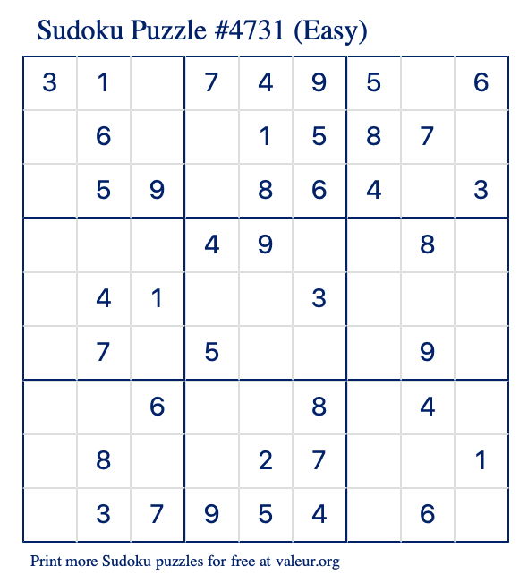 Free Printable Easy Sudoku Puzzle number 4731