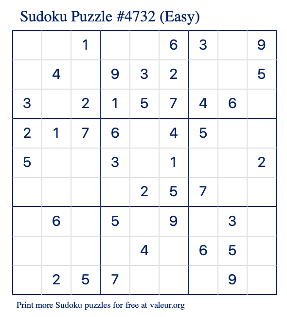 Free Printable Easy Sudoku Puzzle number 4732