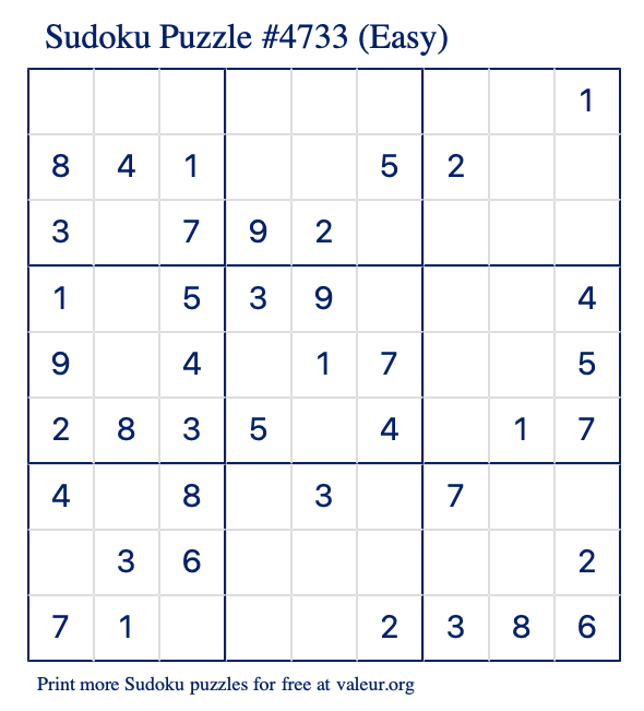 Free Printable Easy Sudoku Puzzle number 4733