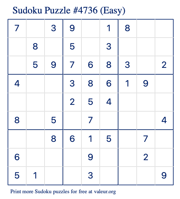 Free Printable Easy Sudoku Puzzle number 4736