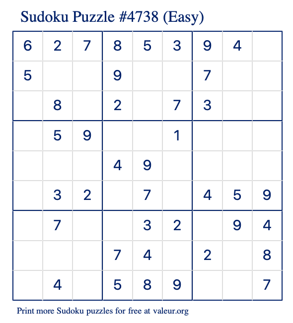 Free Printable Easy Sudoku Puzzle number 4738