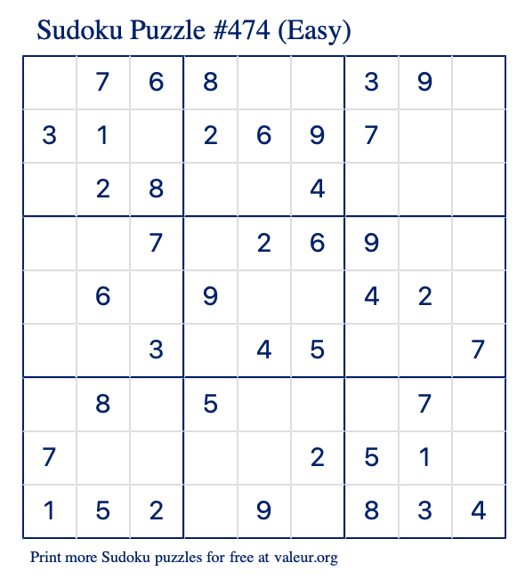Free Printable Easy Sudoku Puzzle number 474