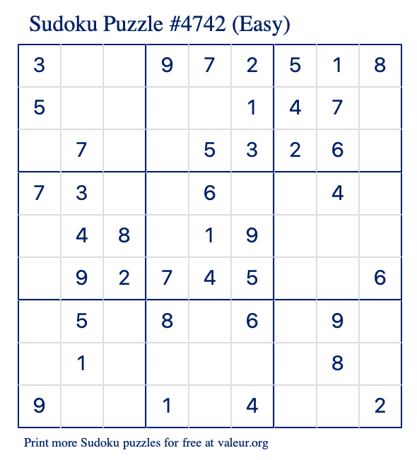 Free Printable Easy Sudoku Puzzle number 4742
