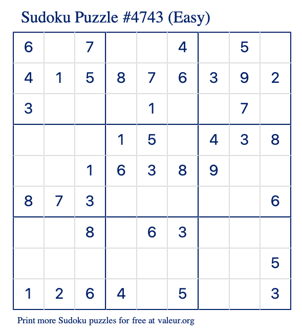 Free Printable Easy Sudoku Puzzle number 4743