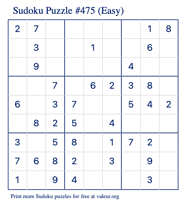 Free Printable Easy Sudoku Puzzle number 475
