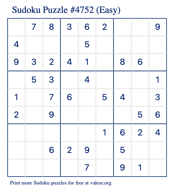 Free Printable Easy Sudoku Puzzle number 4752