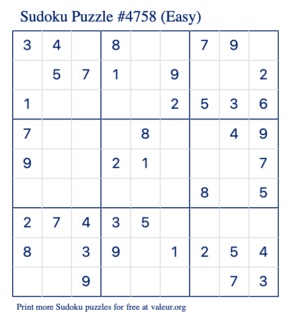 Free Printable Easy Sudoku Puzzle number 4758