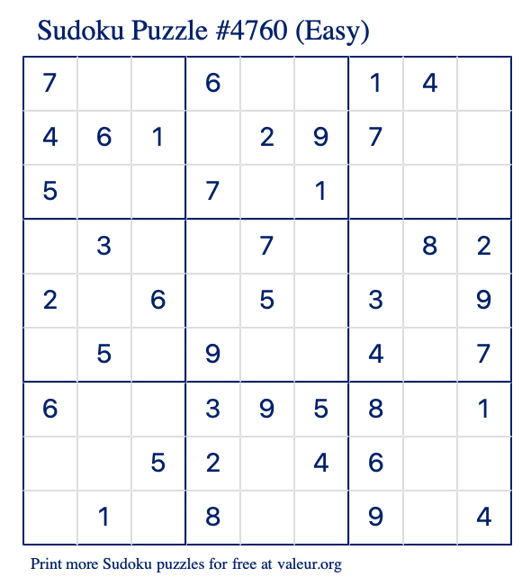Free Printable Easy Sudoku Puzzle number 4760