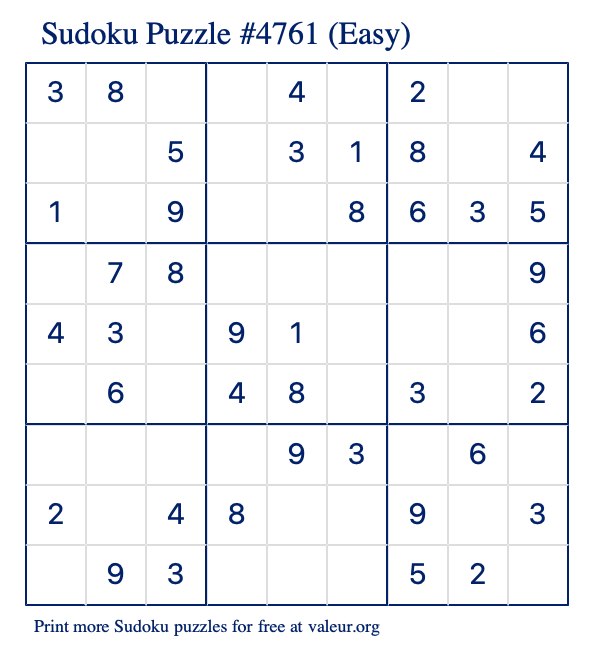 Free Printable Easy Sudoku Puzzle number 4761