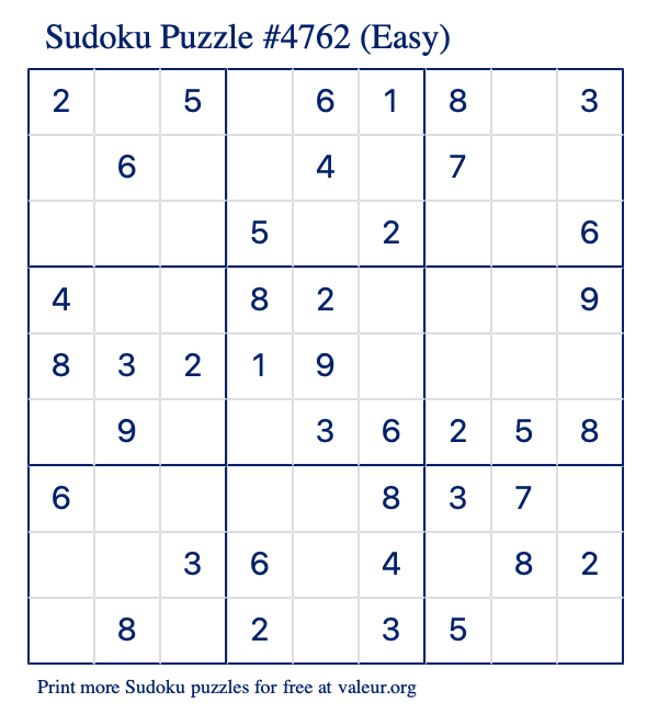 Free Printable Easy Sudoku Puzzle number 4762