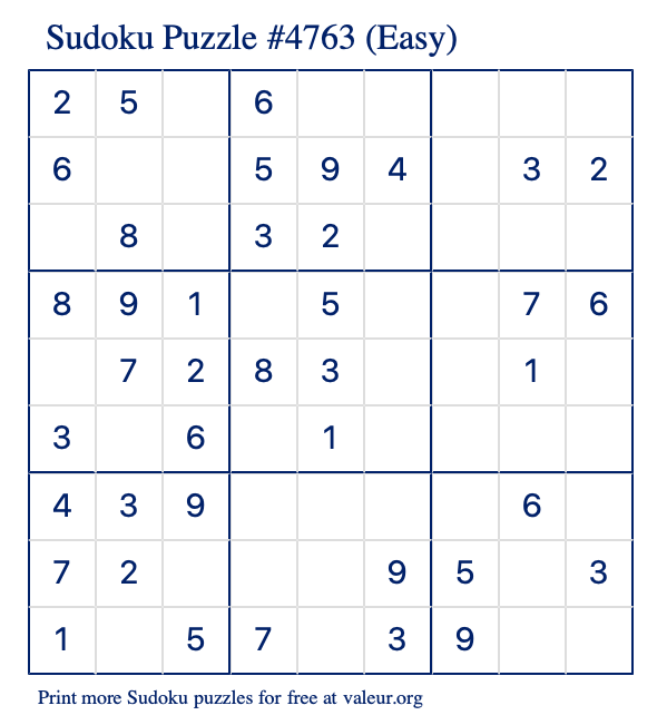 Free Printable Easy Sudoku Puzzle number 4763