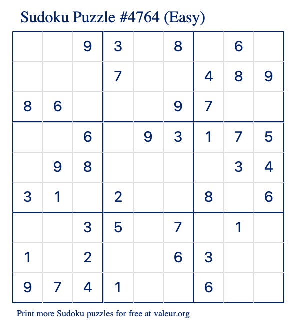 Free Printable Easy Sudoku Puzzle number 4764