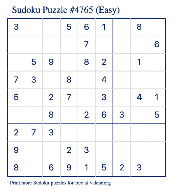 Free Printable Easy Sudoku Puzzle number 4765