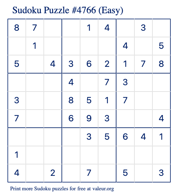 Free Printable Easy Sudoku Puzzle number 4766