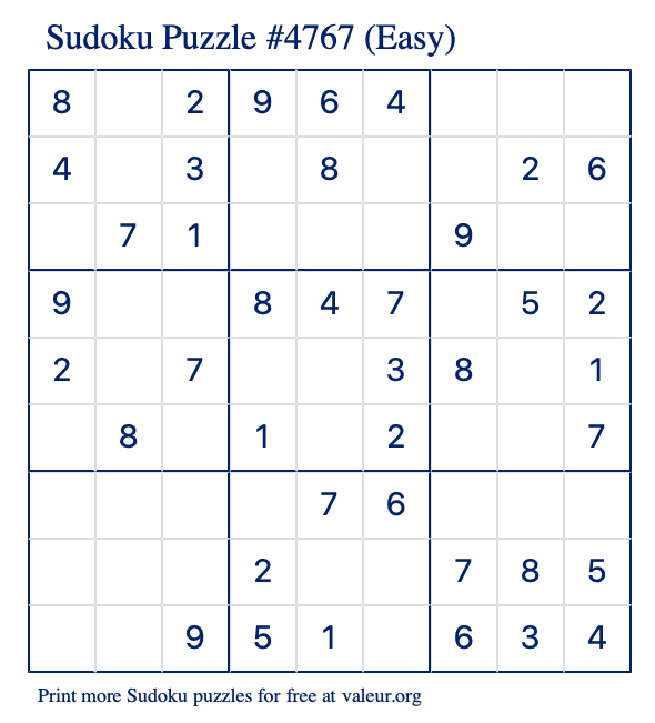 Free Printable Easy Sudoku Puzzle number 4767