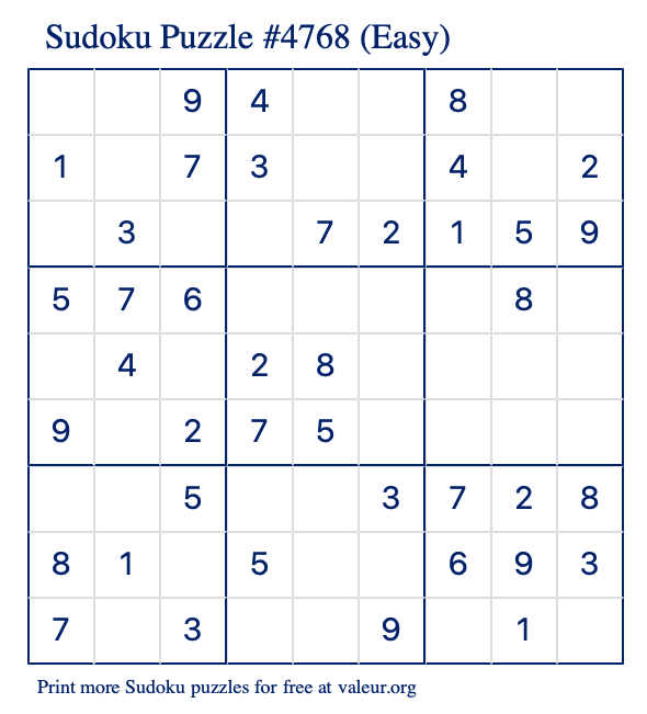 Free Printable Easy Sudoku Puzzle number 4768