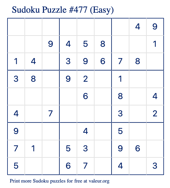 Free Printable Easy Sudoku Puzzle number 477