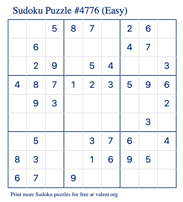 Free Printable Easy Sudoku Puzzle number 4776