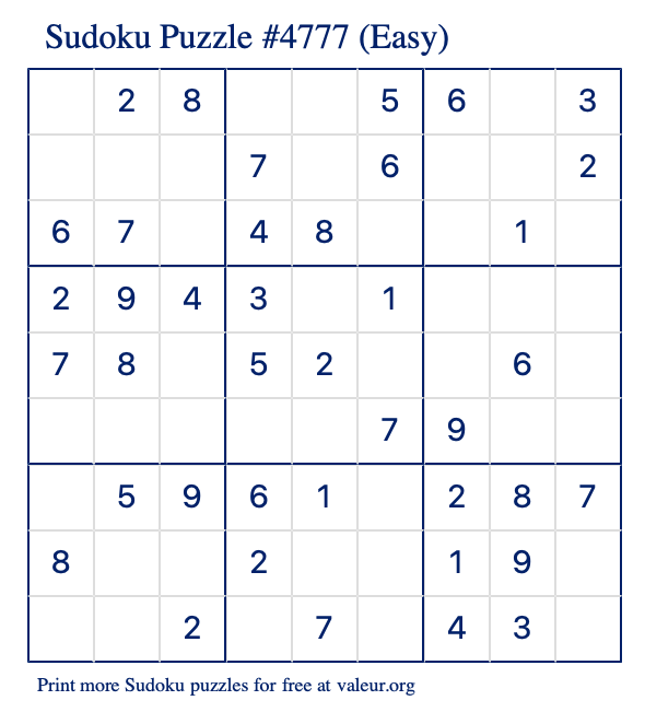 Free Printable Easy Sudoku Puzzle number 4777