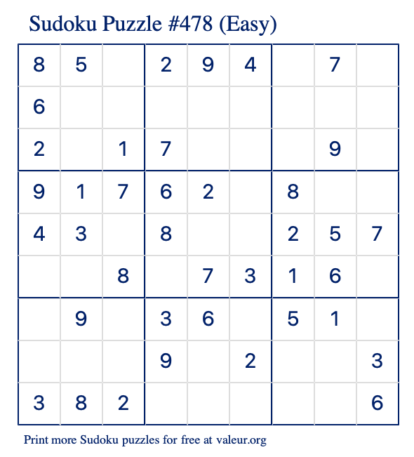 Free Printable Easy Sudoku Puzzle number 478