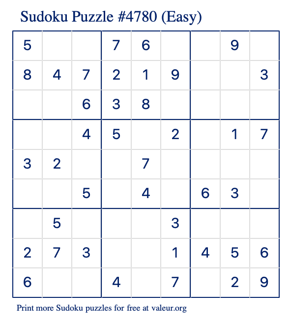 Free Printable Easy Sudoku Puzzle number 4780