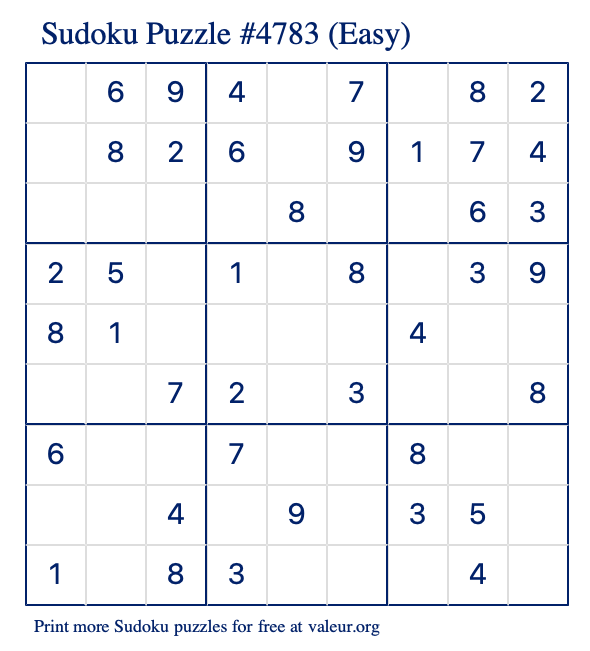 Free Printable Easy Sudoku Puzzle number 4783