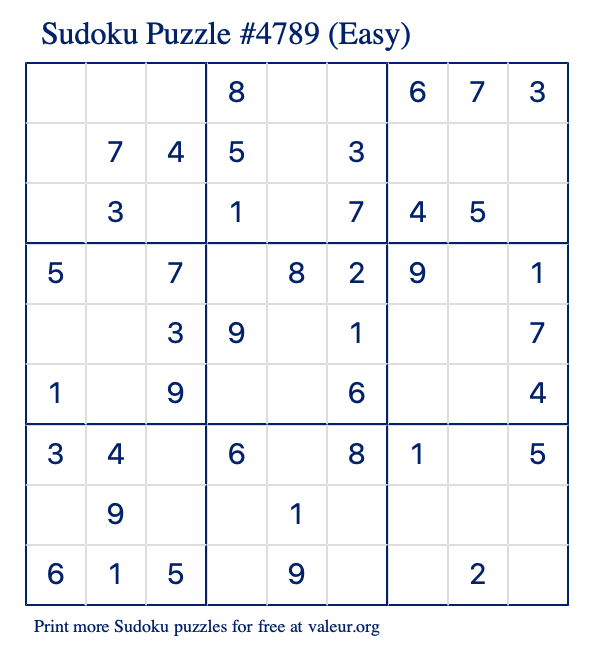 Free Printable Easy Sudoku Puzzle number 4789