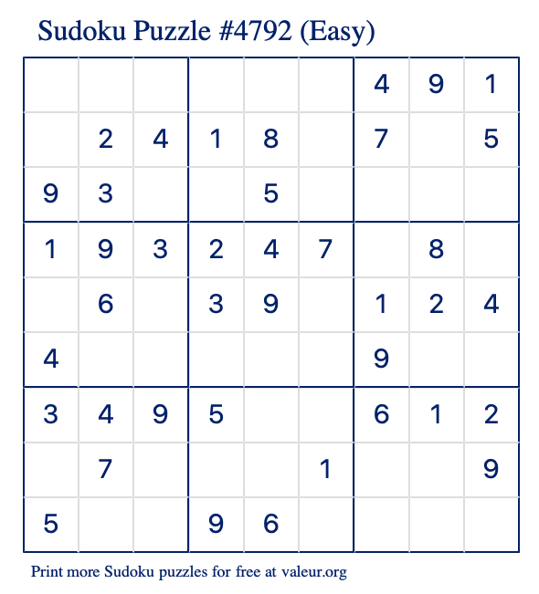 Free Printable Easy Sudoku Puzzle number 4792
