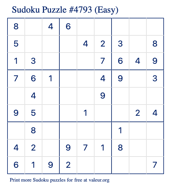 Free Printable Easy Sudoku Puzzle number 4793