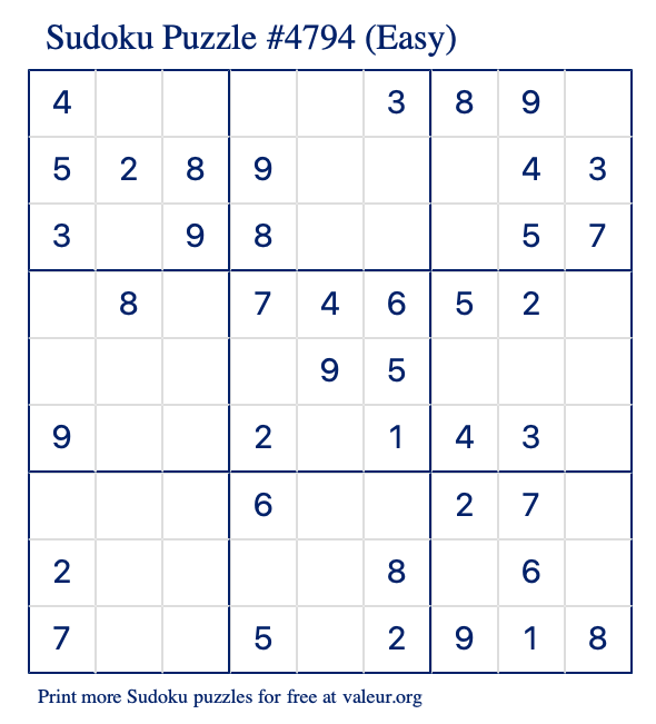 Free Printable Easy Sudoku Puzzle number 4794