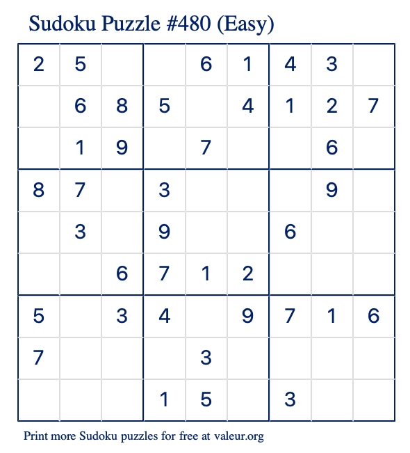 Free Printable Easy Sudoku Puzzle number 480