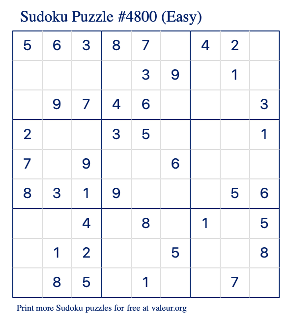 Free Printable Easy Sudoku Puzzle number 4800