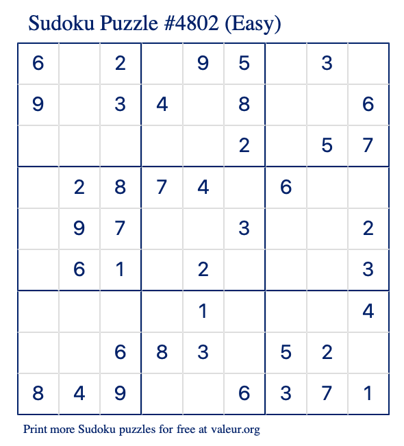 Free Printable Easy Sudoku Puzzle number 4802