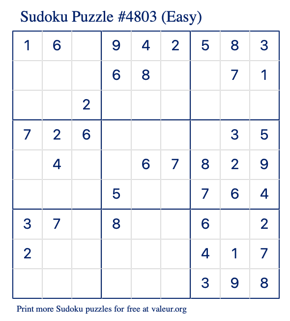 Free Printable Easy Sudoku Puzzle number 4803