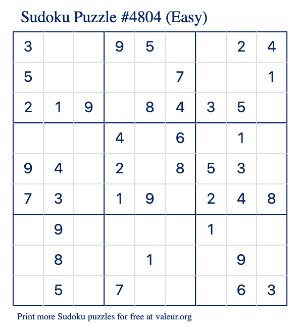 Free Printable Easy Sudoku Puzzle number 4804