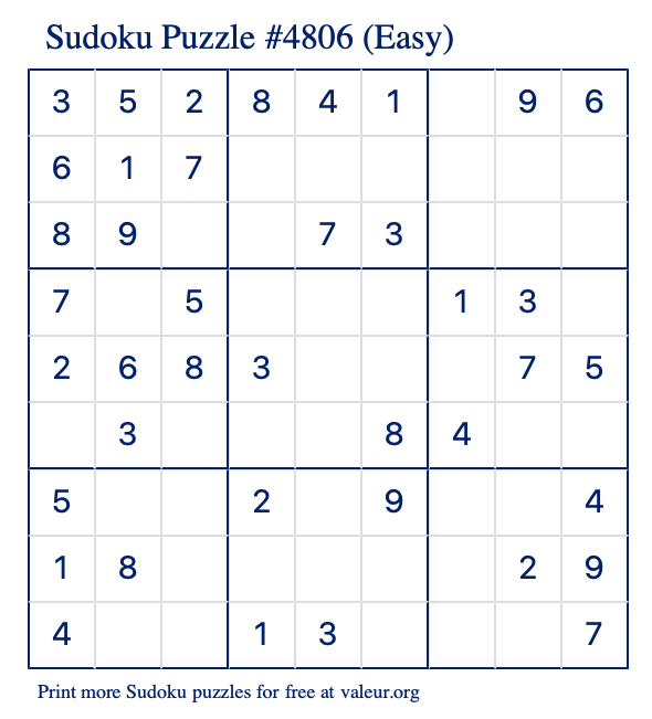 Free Printable Easy Sudoku Puzzle number 4806