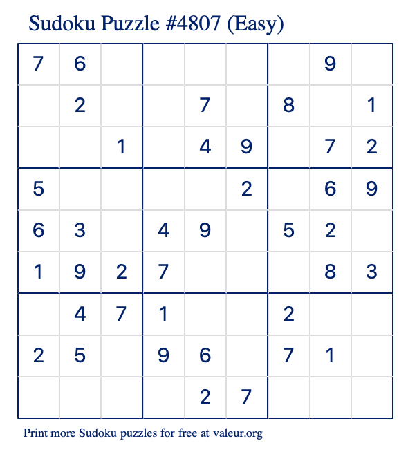 Free Printable Easy Sudoku Puzzle number 4807