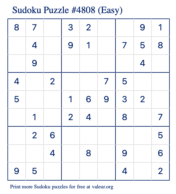Free Printable Easy Sudoku Puzzle number 4808