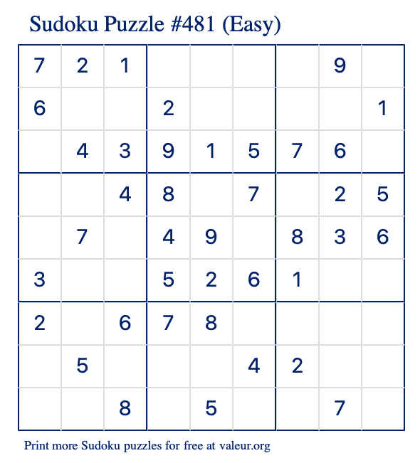 Free Printable Easy Sudoku Puzzle number 481