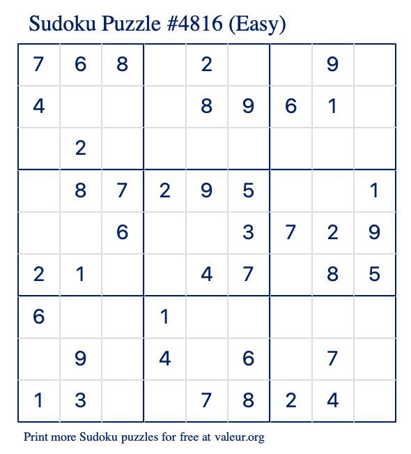 Free Printable Easy Sudoku Puzzle number 4816