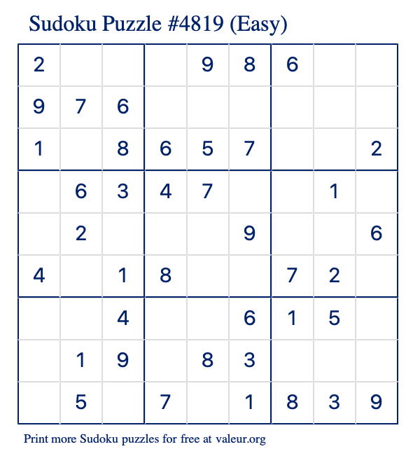 Free Printable Easy Sudoku Puzzle number 4819