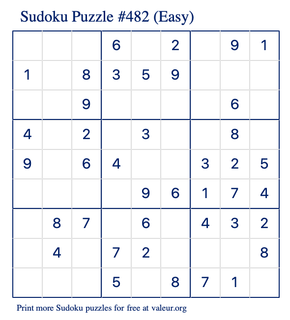 Free Printable Easy Sudoku Puzzle number 482
