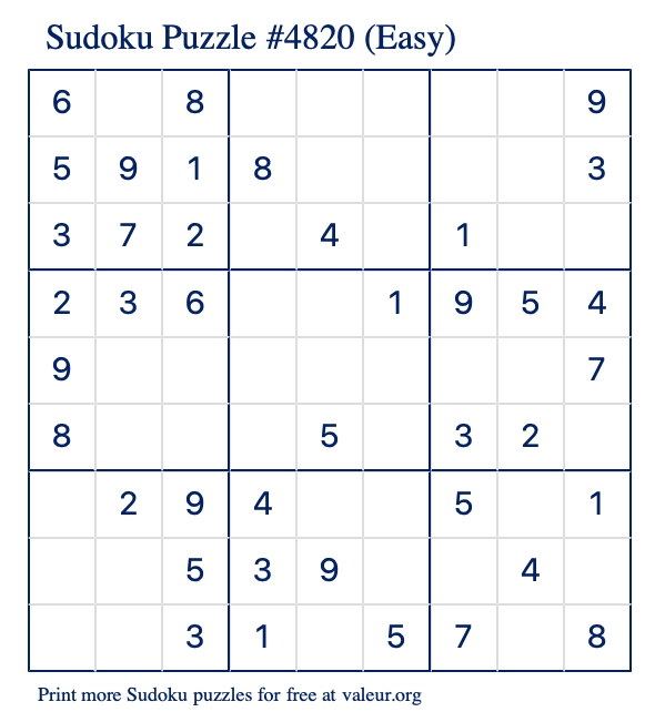 Free Printable Easy Sudoku Puzzle number 4820