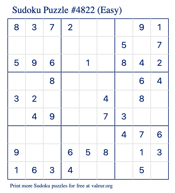Free Printable Easy Sudoku Puzzle number 4822