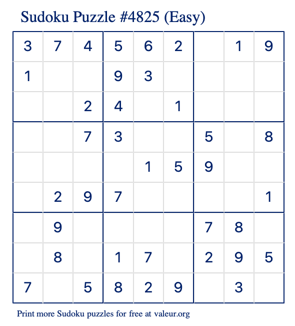 Free Printable Easy Sudoku Puzzle number 4825