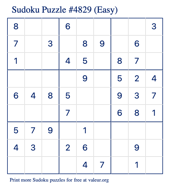 Free Printable Easy Sudoku Puzzle number 4829