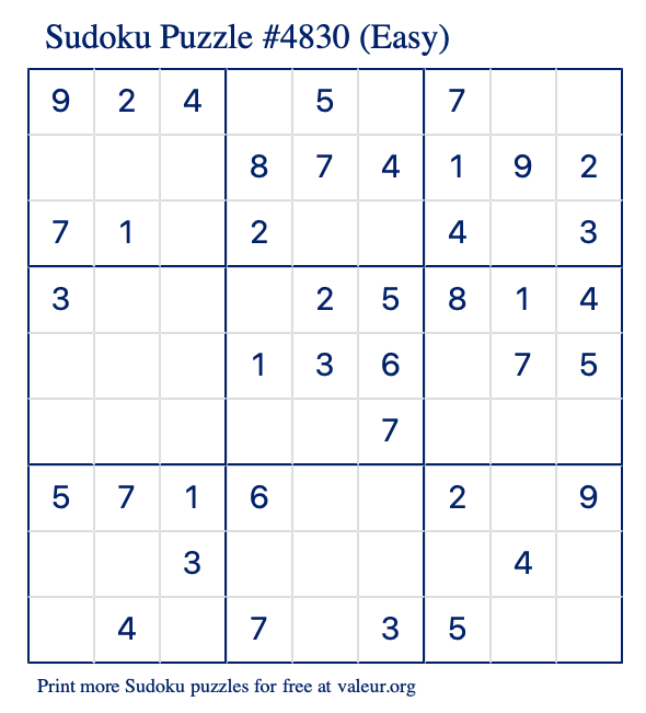 Free Printable Easy Sudoku Puzzle number 4830